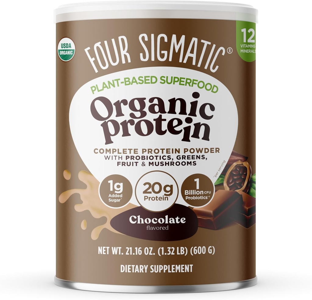 Neljä Sigmatic Organic Plant-Based Protein Powder Creamy Cacao Proteiinia leijona Mane, Chaga, Cordyceps ja enemmän 