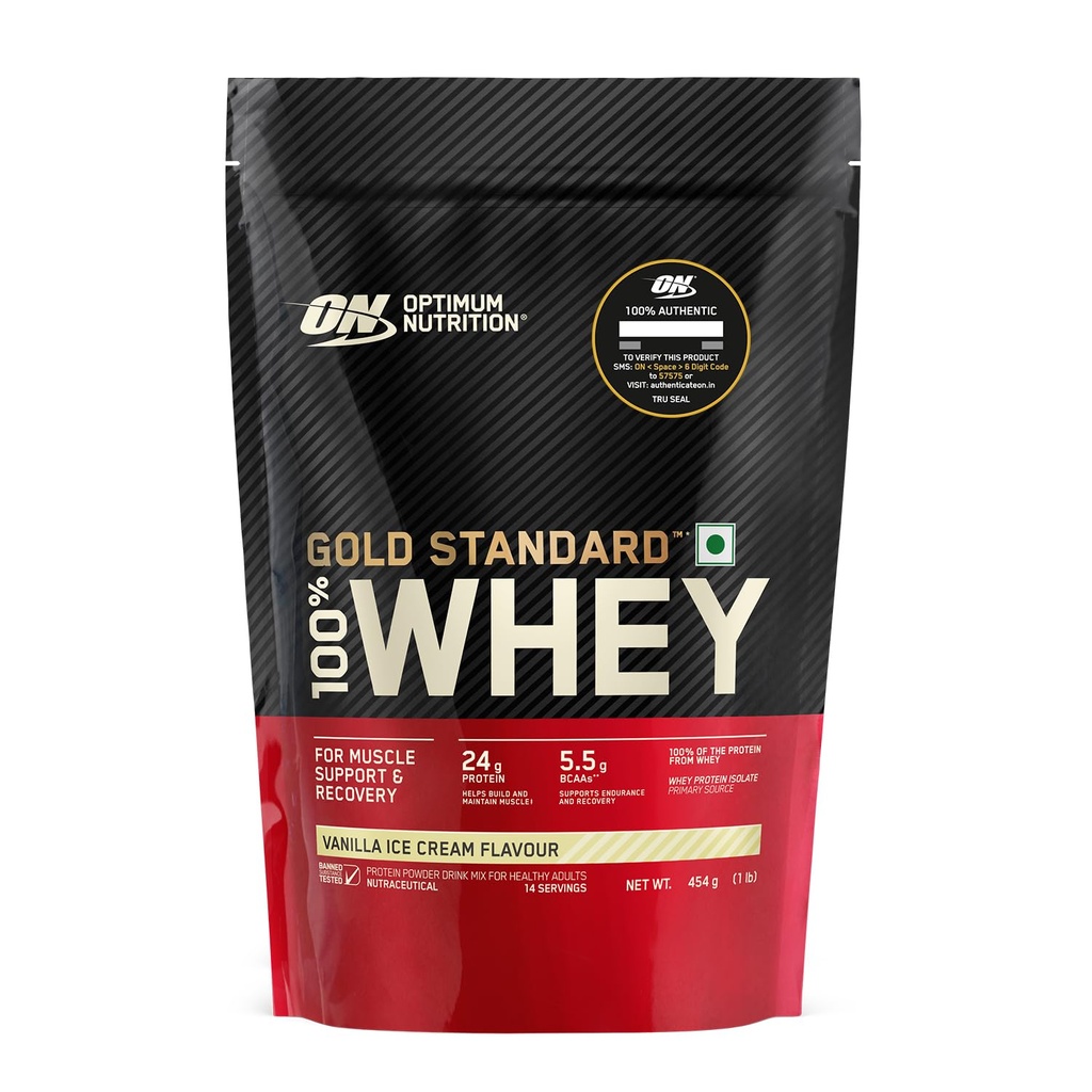 Optimum Nutrition (ON) Gold Standard 100% Whey Protein Powder (Vanilla Ice Cream)1 lbs, 454 g, for Muscle Support & Recovery, Vegetarian - Primary Source Whey Isolate
