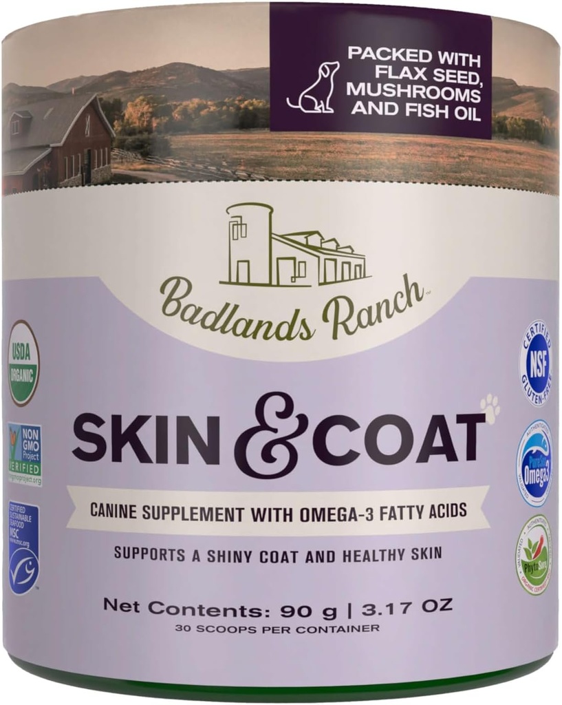 Badlands Ranch - Skin & Coat Canine Suplemen w / Omega-3 Acids Gendut, Org. Ingreasi, Antioksidant Topper, Nawed Coat & Paws, Gabungan, Dukung Shiny Coat & Healthy Skin oleh Katherine Heigle (30 Scoops)