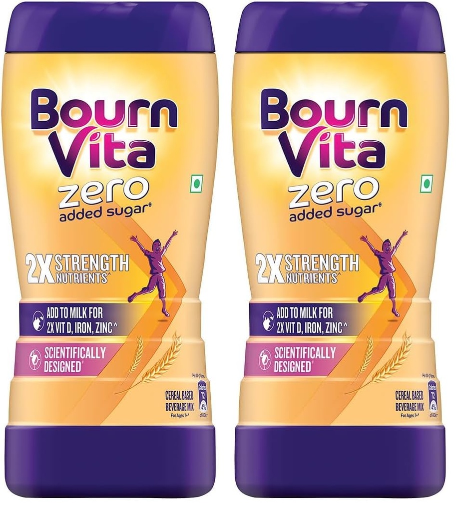Bournvita Zero Added Sugar Nutrition Drink, 500g Jar | No Added Sugar, No Added Preservatives | 19 Essential Nutrients for Strength (Pack of 2)