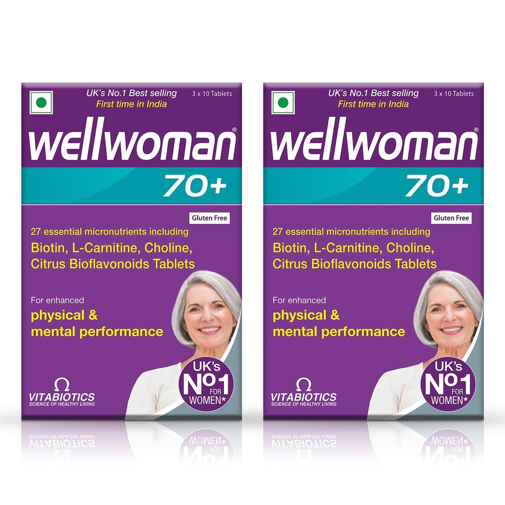 Wellwoman 70+ Multivitamin Tablets for Women Aged 70+|Biotin,L-Carnitine & Choline|Enhance Physical & Mental Performance|Senior Women's Health|Combo Pack of 2 (30 Veg Tablets Each Pack), 450 grams