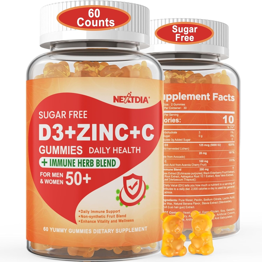 Sugar Free C + D3 + Zacc Gummies cho người trưởng thành 50 +, 9 trong 1 Immune Defense Profe với D3 5000IU, Elderberry, Echinacea, Mullein lá cho Boost Immunity, Power Antioxidant, Vegan (Pack of 1)