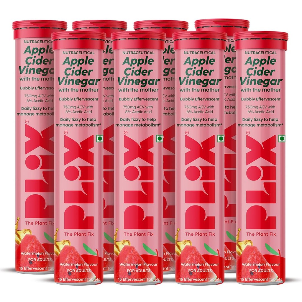 Plix Apple Cider Vinegar Effervescent Tablets Watermelon Flavour | 750mg ACV with The Mother | Supports Digestion & Metabolism | Helps Manage Cravings | Vitamin B6 & B12 | No Added Refined Sugar | Pack of 8