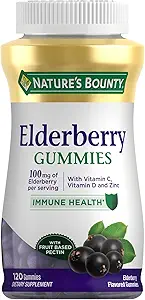 Nature's Bounty Elderberry Gummies, Dietary Supplement, Supports Immune Health, Contains Vitamin A, C, D, E and Zinc, 100 mg, 120 Gummies