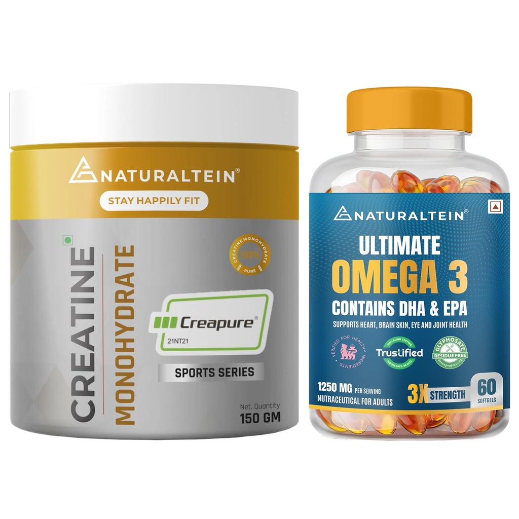 Naturaltein Creatine Monohydrate (Creapure®) 150g + Naturaltein Omega-3 Fish Oil 1250mg Triple Strength (60 Softgels) | Muscle Strength, Performance, Recovery & Heart Health Support