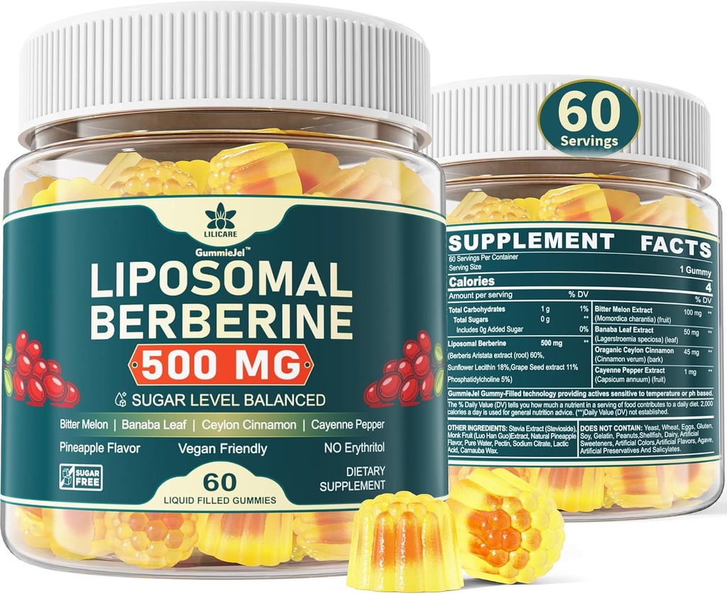 Berberine 500mg Supplement, Once Daily, Liposomal Gummies with Cylon Cynnamon, Slain Maily, Banaba abel for Matibolimal Resulation, Amplication, High Absorption, Sween, Cardian, Cts