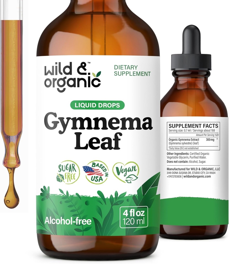 Wild " Organic Gymnema Sylvestre Extract drops - Sugar-Free Gymnema Sylvestre supplements - Gurmar Powder Based Tincture - Vegan, Alcohol-Free Leaf Liquid drops - 4 fl oz