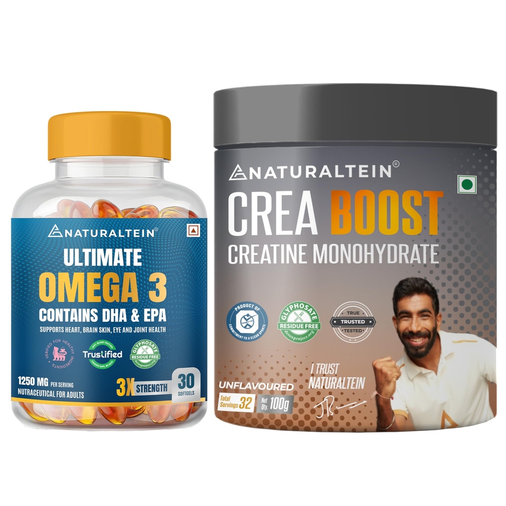 Naturaltein Creatine Monohydrate (100g, 33 Servings) + Omega-3 Fish Oil 1250mg (30 Softgels) | Strength, Power & Recovery | Triple Strength EPA DHA | Unflavoured, No Added Sugar