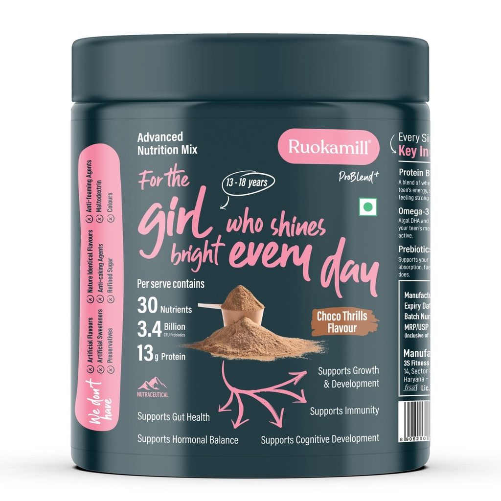 Ruokamill Teen Girls Nutrition Mix | Age 13-18y | Supports Growth, Focus, Hormonal Balance & Immunity | 30 Nutrients, 13g Protein, Omega-3, 3.4B CFU Probiotics | No Refined Sugar | (400g, Chocolate)