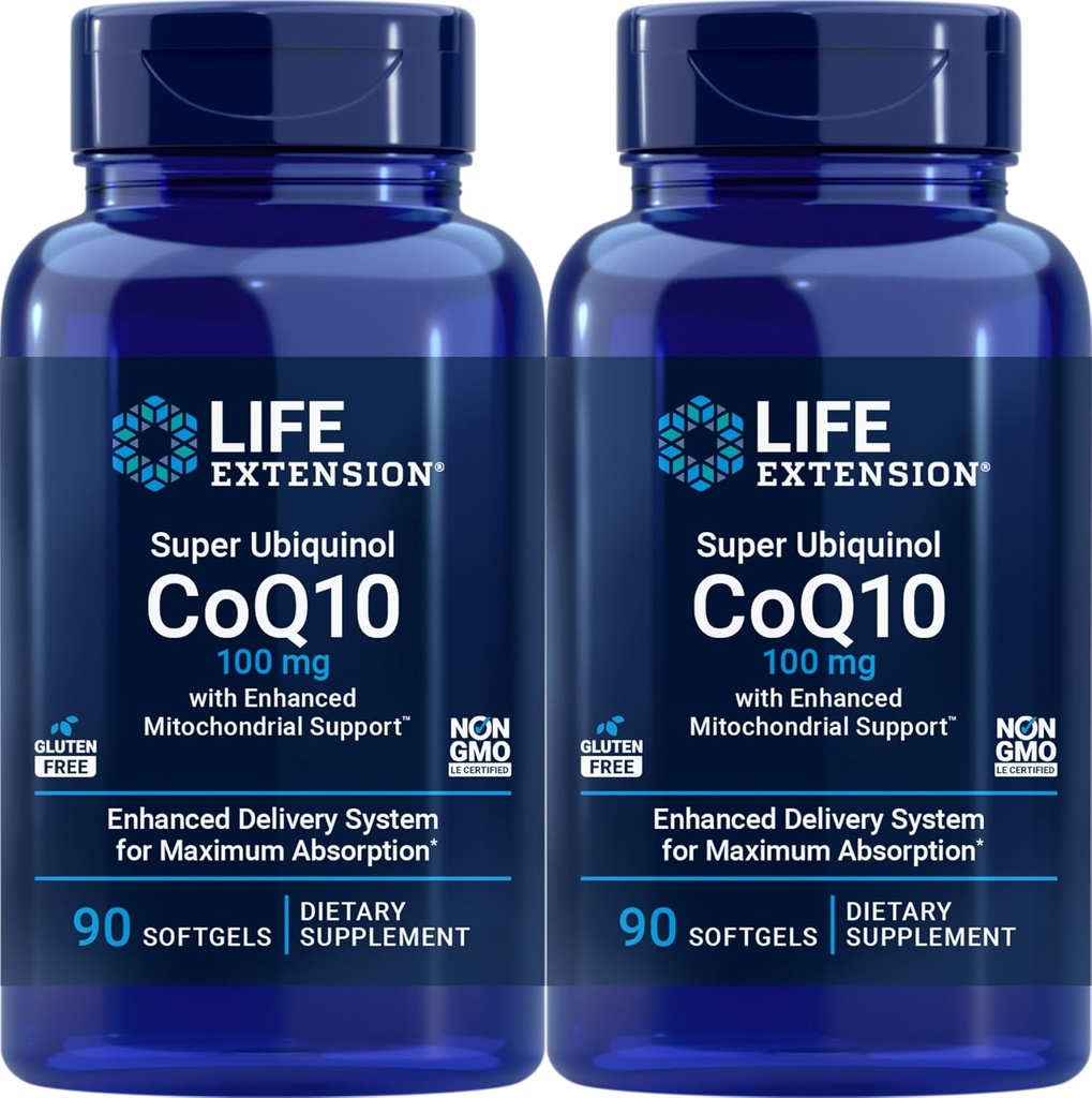 Extensión de vida COQ10 Super Ubiquinol 100mg 90 Count (Pack de 2) con soporte mitocondrial mellorado