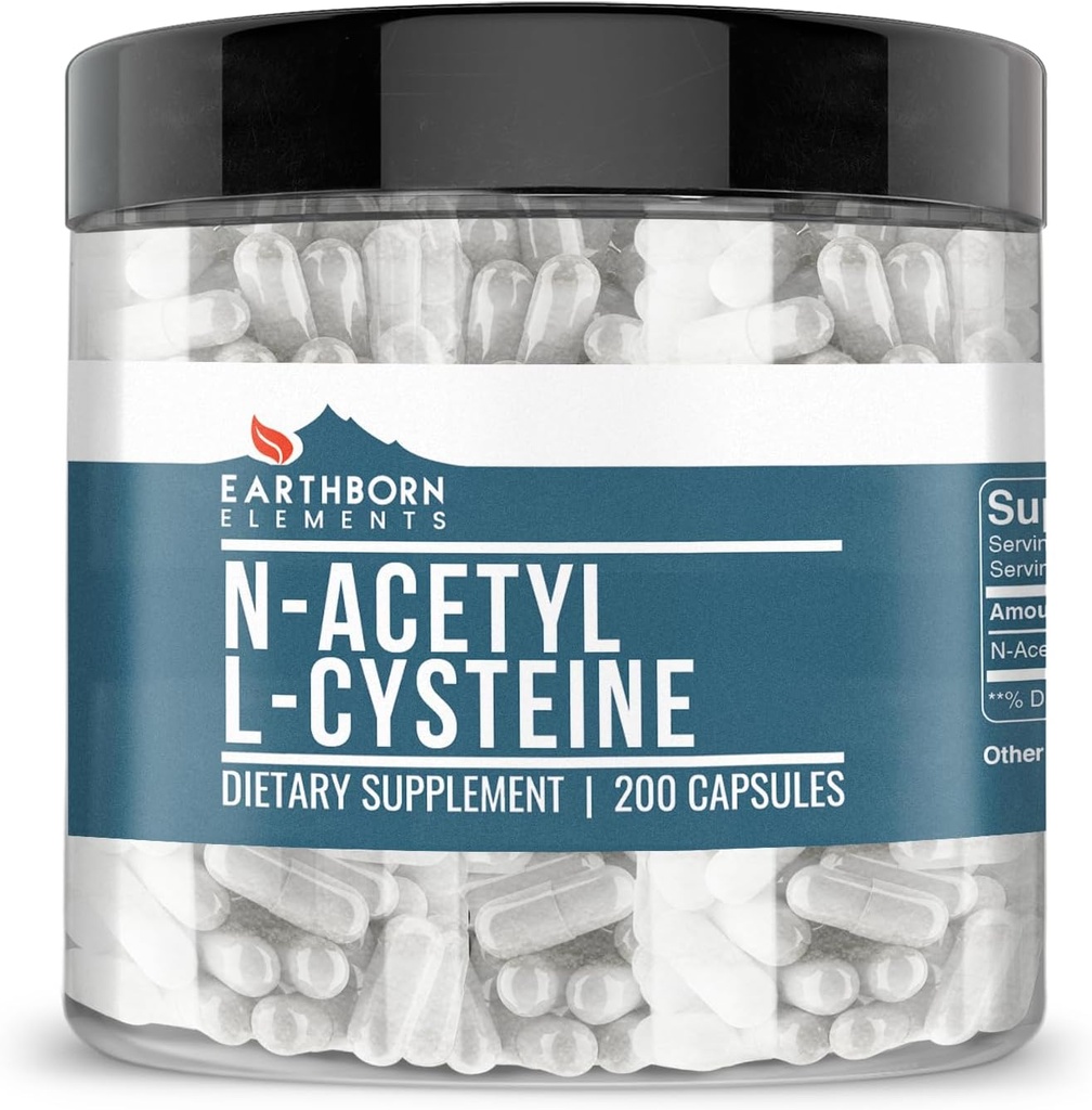Earthborn Elements NAC N-Acetyl L-Cysteine 200 Capsules, Pure & Undiled, Hayır Katkıları