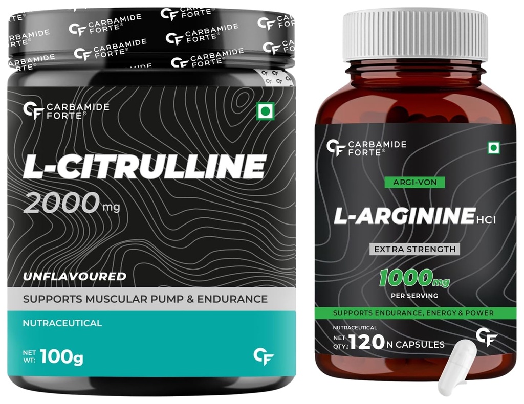 Carbamide Forte L Arginine 1000mg Supplement Per Serving - 120 Veg Capsules & L Citrulline Powder 2000mg - Unflavoured - 50 SERVINGS - 100g