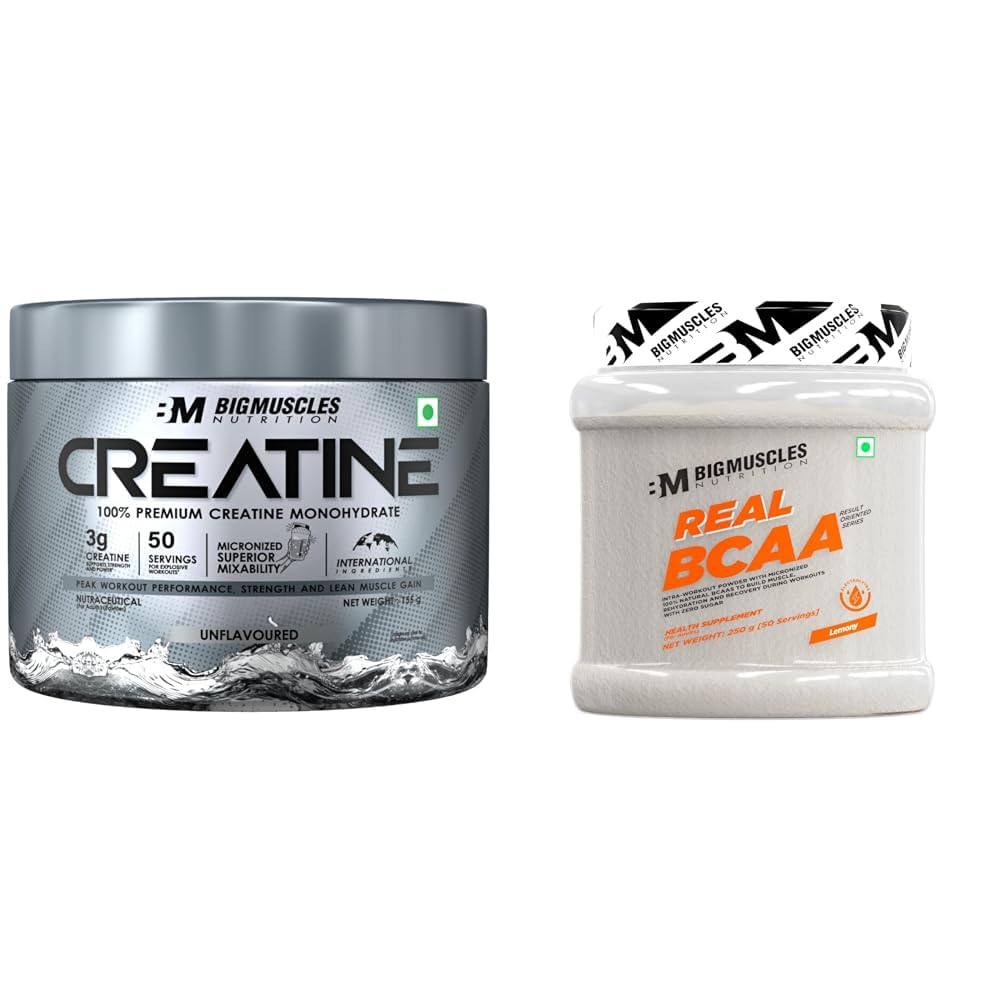 Bigmuscles Nutrition Creatine [155 G,50 Servings]| Unflavoured|Micronized Creatine Monohydrate To | Bigmuscles Nutrition Real BCAA with Electrolytes [50 Servings, Lemony] | BCAA Powder in 2:1:1 Opti