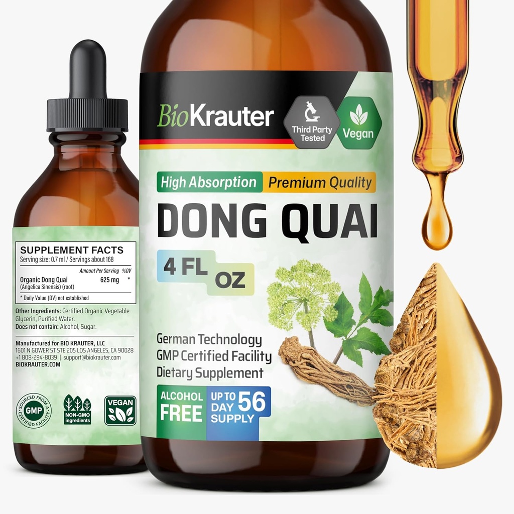 BIO KRAUTER® Menopause Supplements for Women* - Dong Quai Drops 4 Fl.Oz 56 Days of Supply - Vegan Angelica Root Tintura para el soporte de la menopausia - Alcohol &amp; Sugar Gratis - Relajación &amp; Bienestar de las mujeres