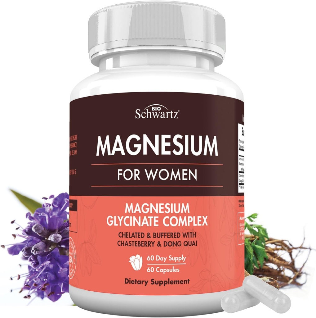 4 in- 1 Magnesium Bisglycinate Suplement for Women - Magnesium Complex with Chasteberry, Dong Quai & Vitamin B6 for Stress Relief, Better Sleep, Nerve, Bone & Muscle Dupport - 60 Capsules