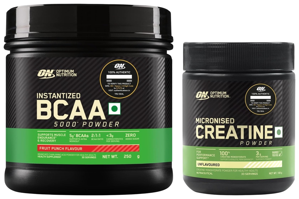 Optimum Nutrition BCAA, 5g BCAAs in 2:1:1 Ratio, 30 servings, For Muscle Recovery & Endurance, (250gm, Fruit Punch) & Optimum Nutrition (ON) Micronized Creatine Powder - 100 Gram, Unflavored.