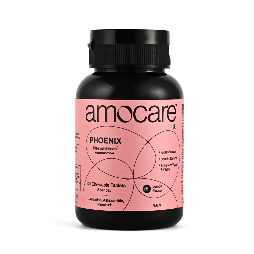 Amocare Chewable Tablets for Men | L-Arginine, Astaxanthin, Pine Bark Extract | Boosts Stamina | Enhances Vigour | Improves Vitality | Lemon Flavour | Veg (30 Tablets)