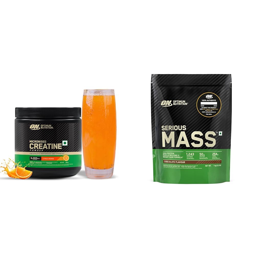 Optimum Nutrition (ON) Micronized Creatine Powder - 250 Gram, 65 Serves, Citrus Orange, 3g of 100% | Optimum Nutrition (ON) Serious Mass High Protein High Calorie Weight Gainer Powder - 1 kg (Chocola