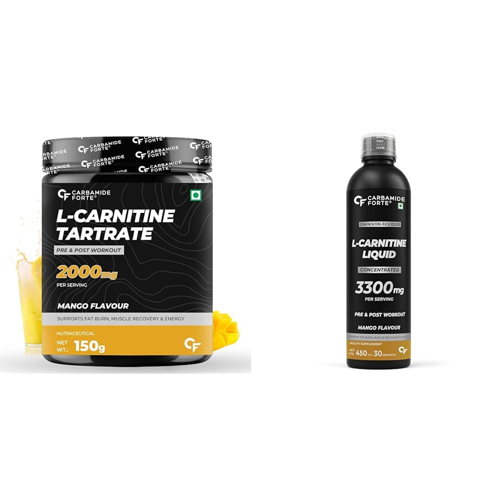 Carbamide Forte L Carnitine Powder Pre & Post Workout Supplement & L Carnitine Liquid Pre & Post Workout Supplement | 30 Serving 150g Powder + 30 Serving 450ml Liquid