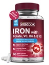 Iron Supplement for Women & Men, Iron Bisglycinate with Vitamin C, B6, B12, Folate, Stomach Friendly, Non-Constipating, Blood Health & Energy Boost, 60 Vegan Caps