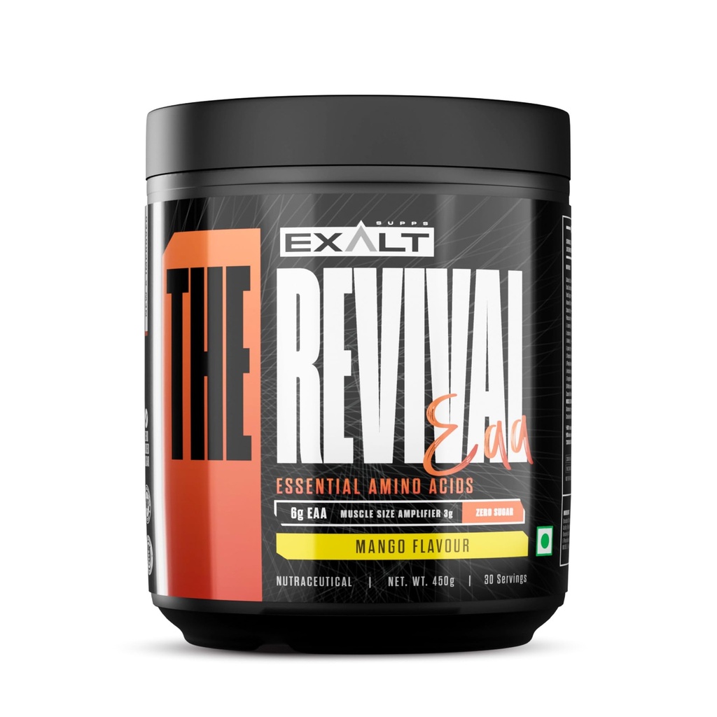 The Revival Essential Amino Acids (EAA) | 450 gm | 30 Servings | 6000mg EAA | Zero Added Sugar | Muscle Recovery | Increased Endurance (Mango)