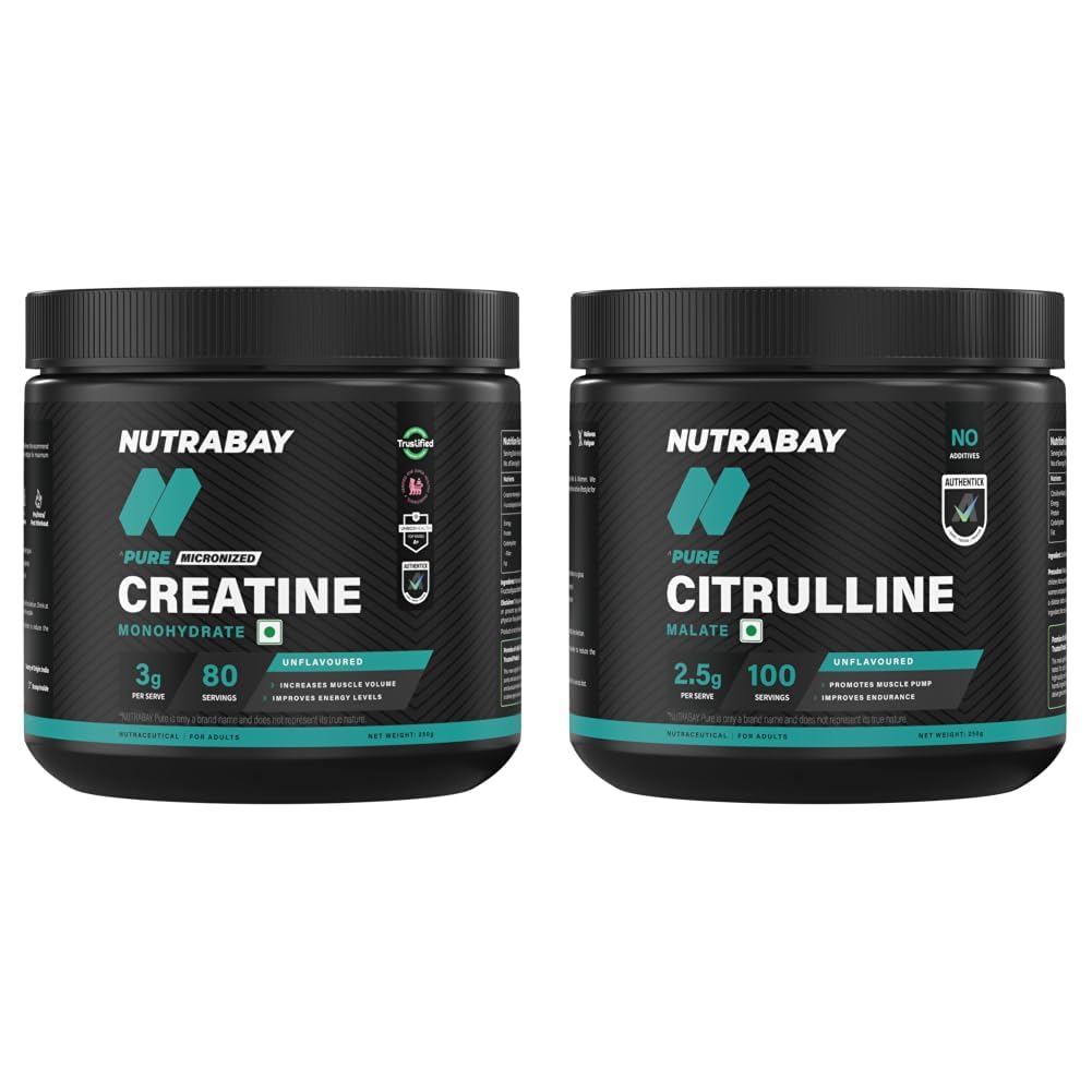 Nutrabay Pure Series Micronised Creatine Powder Monohydrate - 250 g (Unflavoured) and Pure 100% Citrulline Malate Powder 2500mg per Serving - 250g Unflavoured