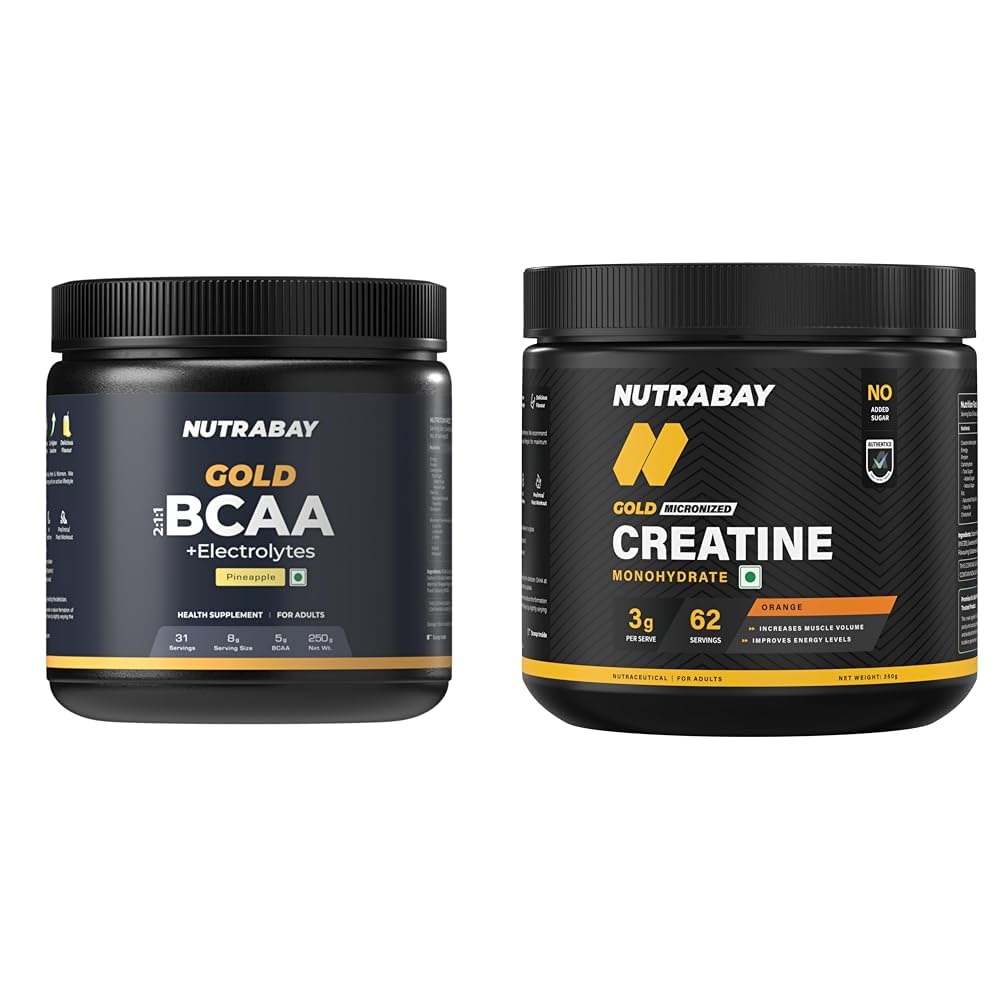 Nutrabay Gold BCAA 2:1:1 with Electrolytes 5000 mg Vegan BCAAs per Serving – Pre/Post Workout Drin | Nutrabay Gold Micronised Creatine Monohydrate Powder 3000 mg Creatine per Serving, NABL Lab Tested