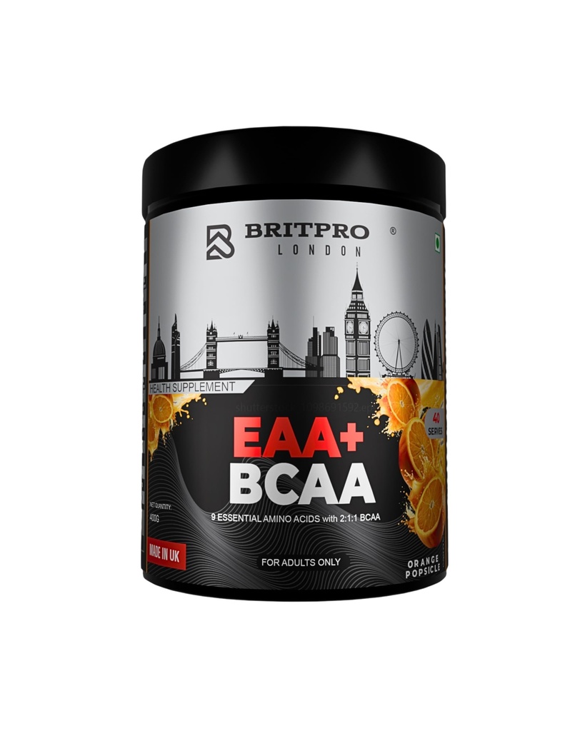 London EAA + BCAA Powder | 2:1:1 Amino Ratio | 9 Essential Amino Acids | 1500mg L-Leucine | Pre/Intra/Post Workout Recovery Drink | Orange Popsicle Flavor | 400g
