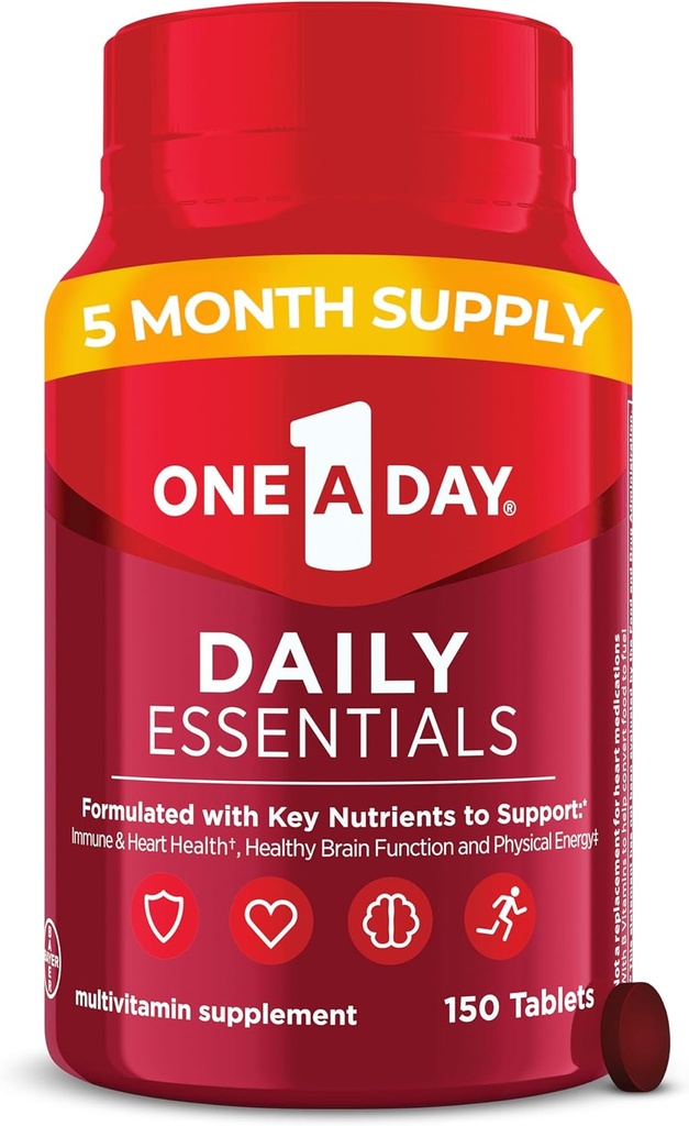One A Day Daily Essentials, Multivitamin for Women & Men, תומך בתפקוד המוח והשרירים הבריאים ותפקוד Immune Health, Adult Multivitamin עם ויטמין D, E ווויטמין B12, 150 הרוזן