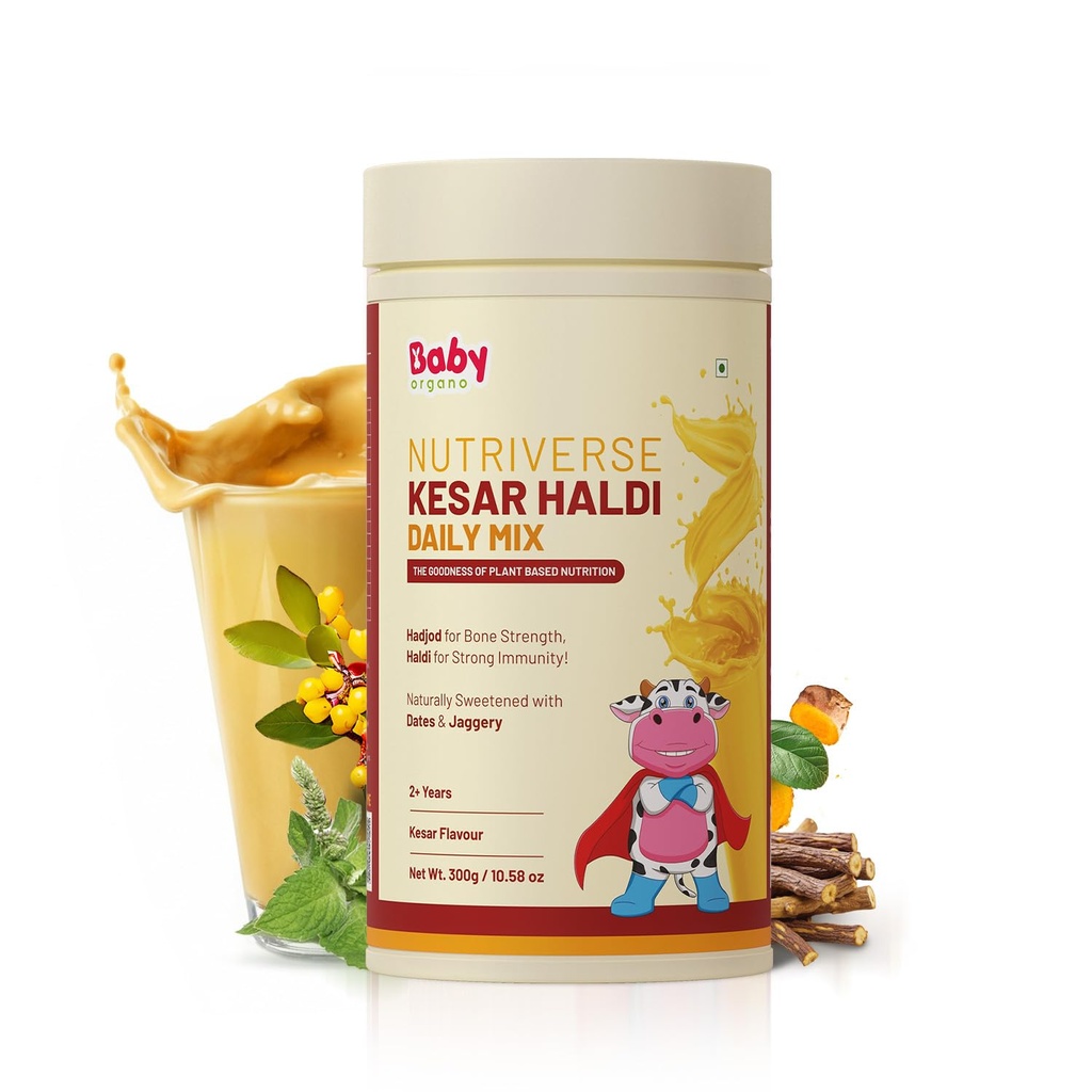 BabyOrgano Kesar Haldi Milk Mix for Kids 2+ Years | With Hadjod, Anantmool & Jyotismati | Ayurvedic Health Drink | Made with Honey & Jaggery | No Refined Sugar | High Protein & Gluten-Free | 300g