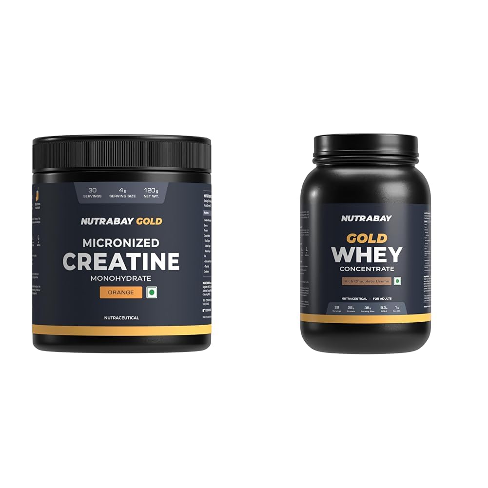 Nutrabay Gold Micronised Creatine Monohydrate Powder – 120g, Orange With Gold Whey Protein Concentrate with Digestive Enzymes – 1kg, Rich Chocolate Crème