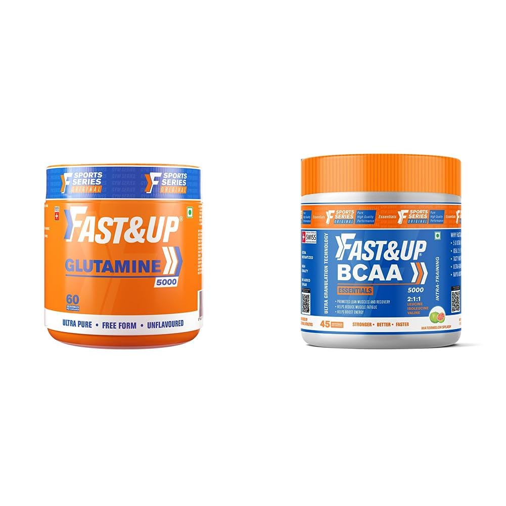 Fast&Up Glutamine (Unflavoured, 2 Month Supply) L-Glutamine For Muscle Building & Performance (300g powder) & Fast&Up BCAA Basic (45 Servings, Watermelon Flavour)