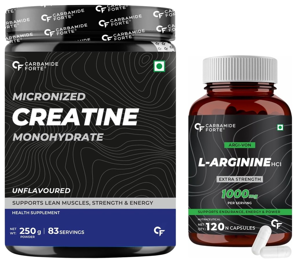 Carbamide Forte L Arginine 1000mg Supplement Per Serving - 120 Veg Capsules & Micronised Creatine Monohydrate Powder - Unflavoured - 83 Servings - 250g