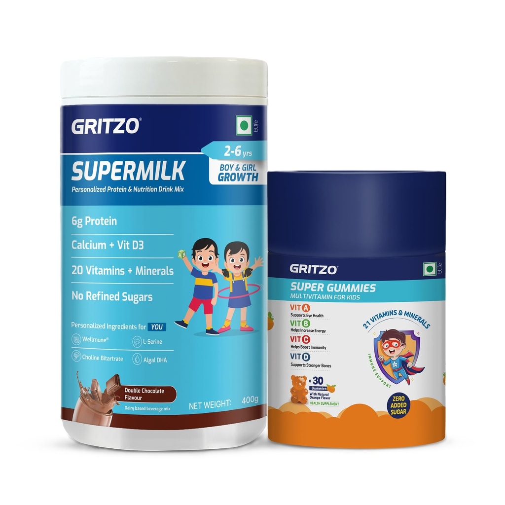 Gritzo SuperMilk Growth (2-6y Kids), 400g + Multivitamin Gummies