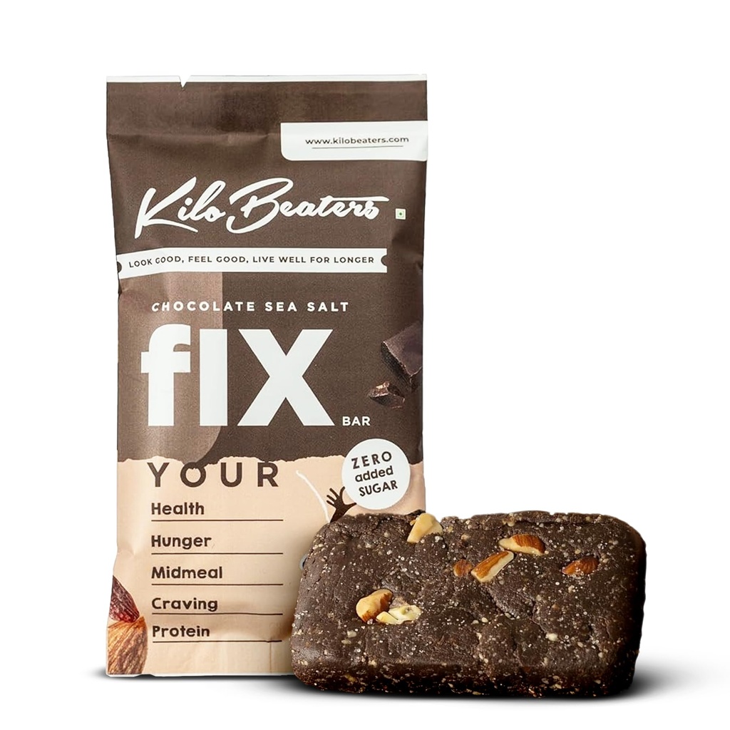Kilobeaters Chocolate Sea Salt Fix Bar, Sugar Free Protein Bar, No Added Sugar, No Preservatives, No Artificial Flavors, Date Sweetened Energy Bars, (Pack Of 20) X 60 G Each