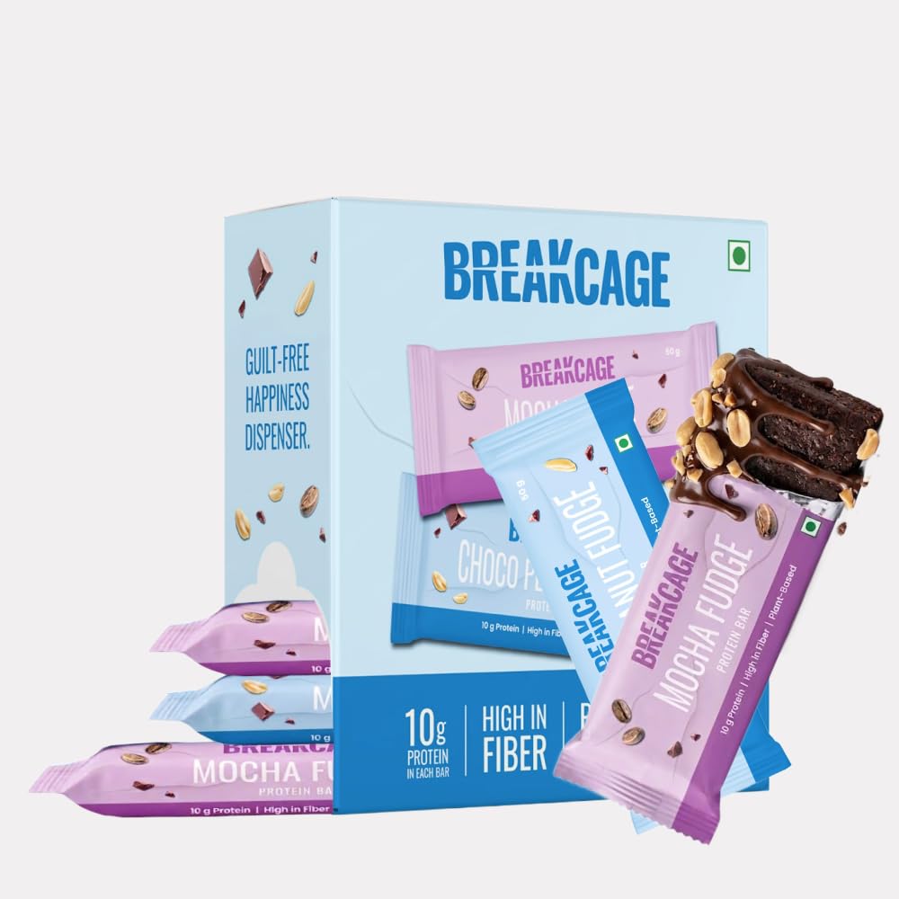 Breakcage Vegan Protein Bar | 10g Protein | 0g Added Sugar | No Palm Oil or Maida | No Dairy | Mocha & Choco Peanut Fudge | Pack of 6 (300g)