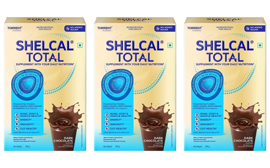 Shelcal Total - Powered by Protein, Multi-Vitamin, Multi-Mineral & Prebiotic supports Bone, Joint & Muscle, Immunity, Gut Health, No Added Sugar (Dark Chocolate) 200g - By Torrent Pharma, Pack of 3