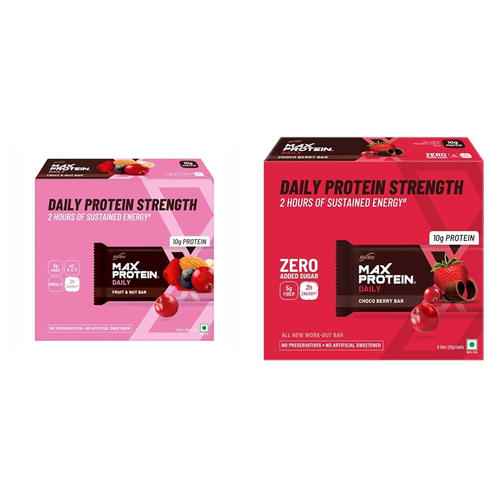RiteBite Max Protein Daily Bars – Fruit & Nut + Choco Berry | 10g Protein | 50g Each | Pack of 6 Each (Total 12 Bars, 600g) Combo