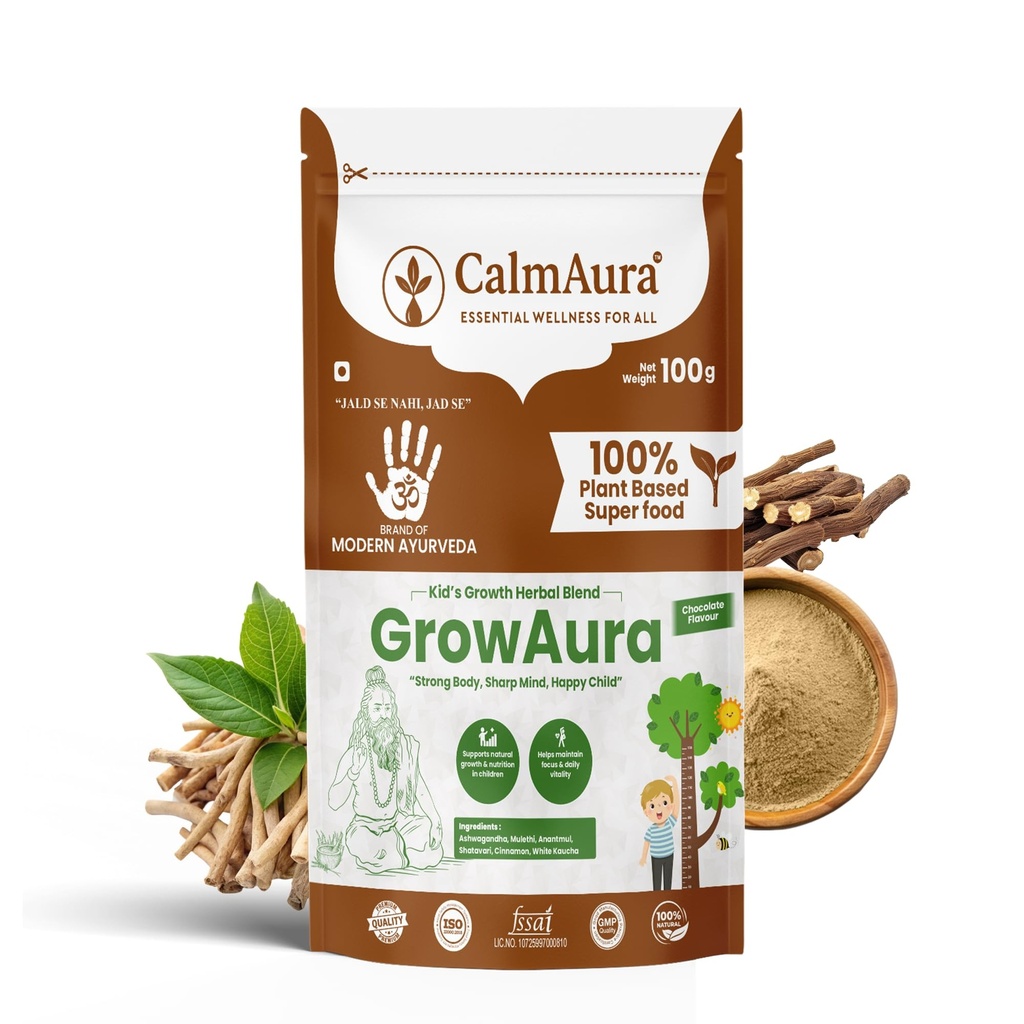 CalmAura GrowAura Ayurvedic Kids Growth Nutrition Powder 100g | Chocolate Flavor | Herbal Nutrition Drink For Kids | Supports Healthy Height Growth, Bone Strength, Immunity & Daily Energy | With Ashwagandha, Shatavari | Vegan