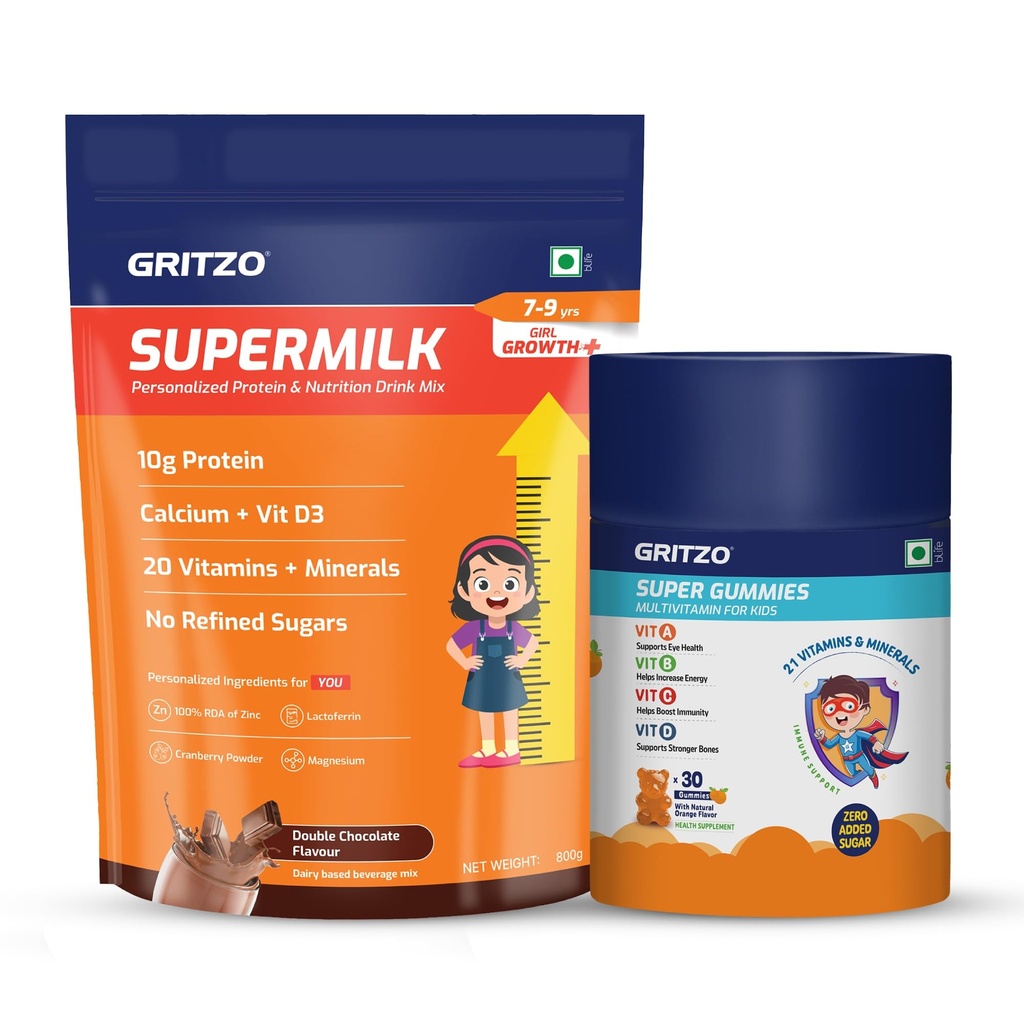 Gritzo SuperMilk Growth+ (7-9y Girl), 800g + Multivitamin Gummies