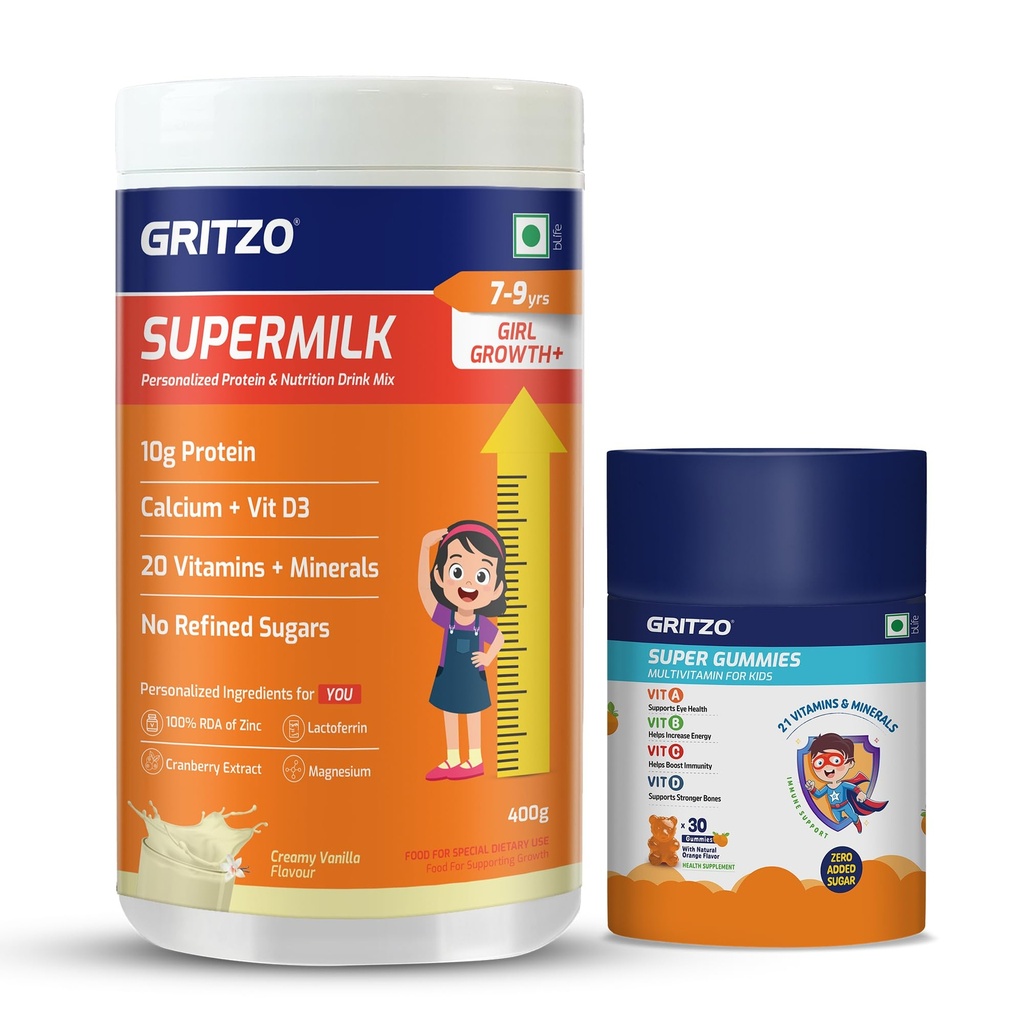 Gritzo SuperMilk Growth+ (7-9y Girl), 400g + Multivitamin Gummies