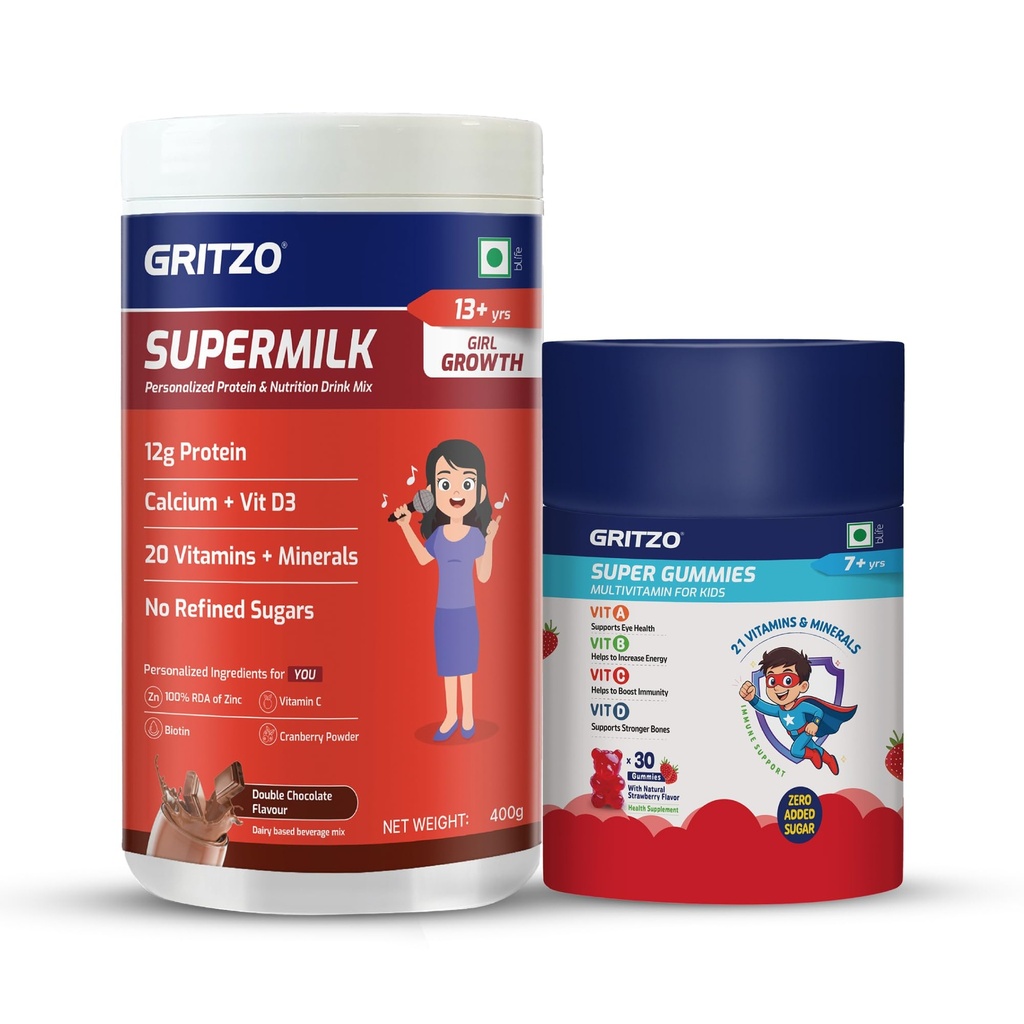 Gritzo SuperMilk Growth (13+ Girl), 400g + Multivitamin Gummies