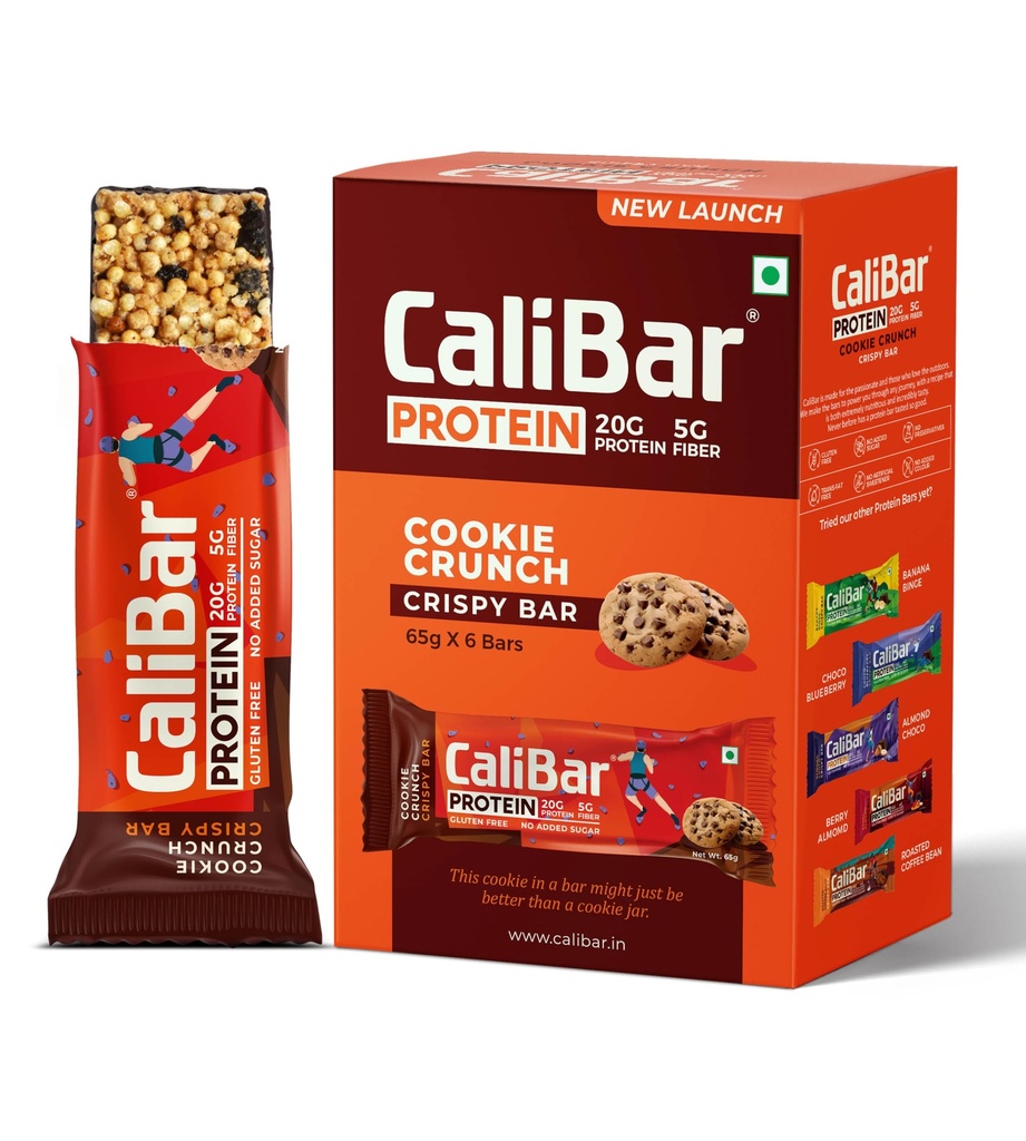 CaliBar 20g Protein Bar - Cookie Crunch Bar (Pack of 6) No Added Sugar, GlutenFree, 5g Fiber, No Preservatives, No Palm oil Delicious Taste, Whey & Plant Protein, Fitness & Immunity (65g x 6 Bars)