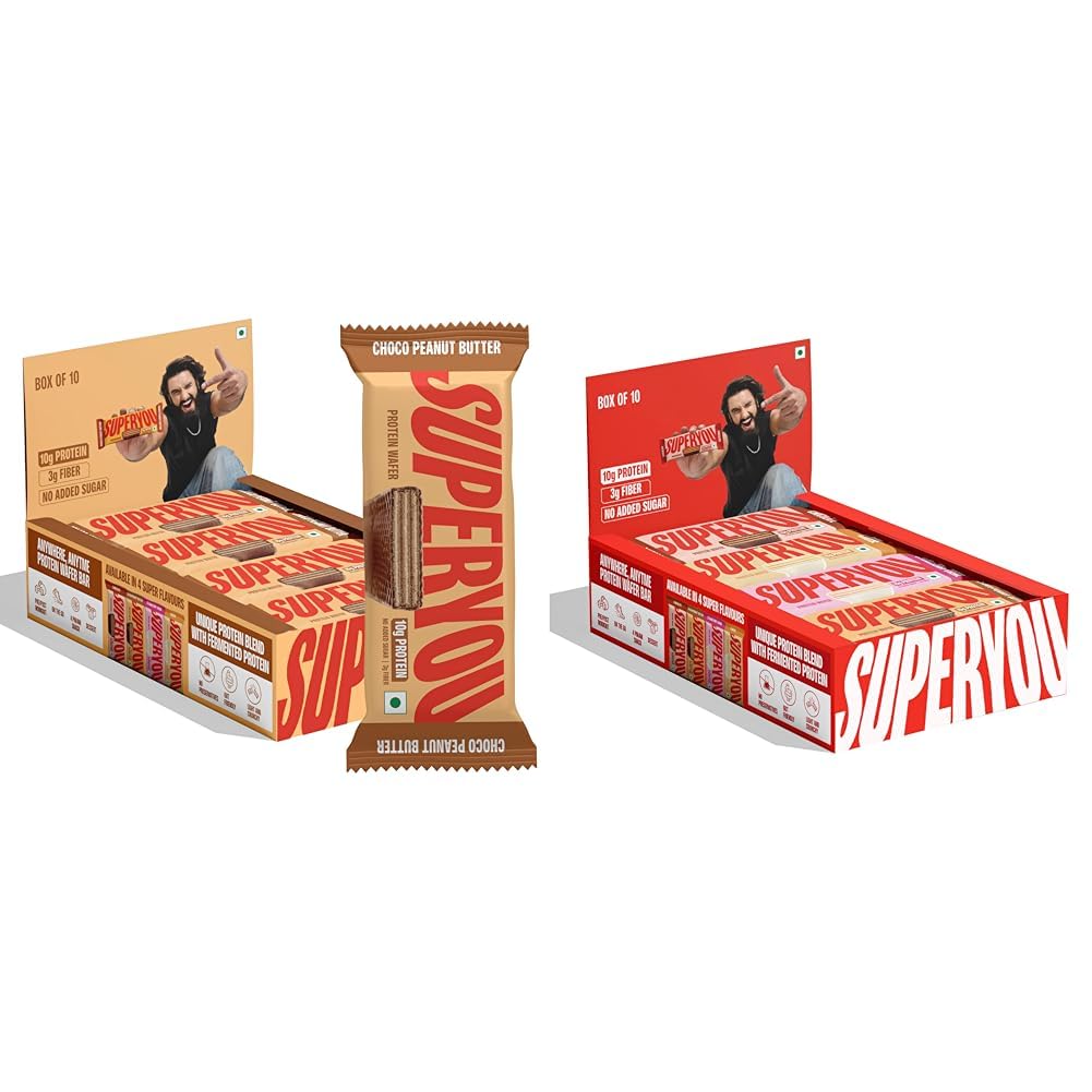Superyou Choco Peanut Butter & Assorted Protein Wafer Bars Combo. 10g Protein, 3g Fiber, No Added Sugar, Vegetarian, No Palm Oil. 400g each.