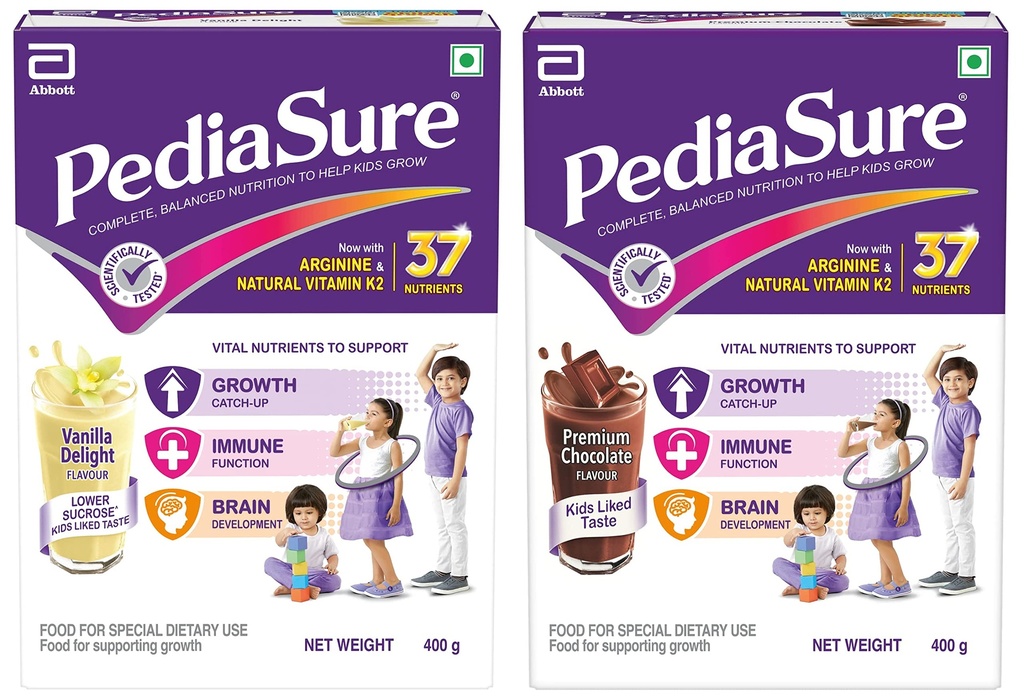 Pediasure Health & Nutrition Drink Powder 400g, Premium Chocolate Flavour Complete & Balanced Nutrition for Kids Growth - Refill pack & Health and Nutrition Drink Powder 400g, Vanilla Delight Flavour