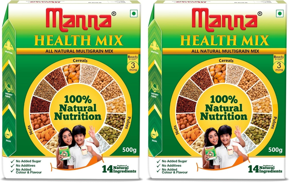 Manna Health Mix 500g, All Natural Nutrition Drink, with 14 ingredients, Zero Sugar. (Pack of 2)