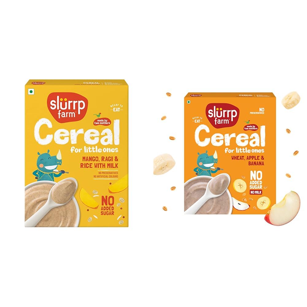 SLURRP FARM No Added Sugar Instant Cereal | Ragi, Rice and Mango with Milk, 200 Grams + Slurrp Farm No Added Sugar Instant Wheat Apple & Banana Cereal | No Milk No Preservatives | 300g