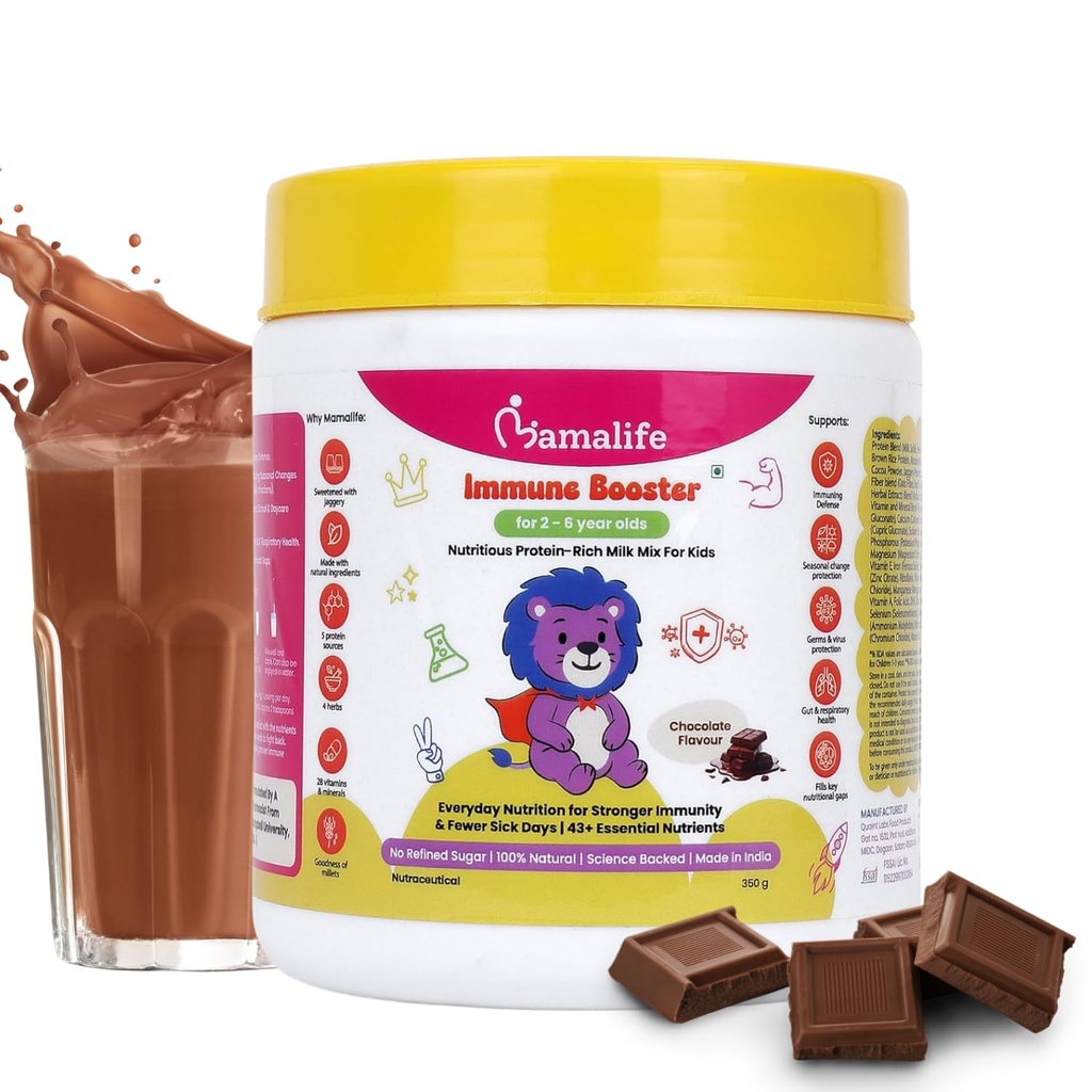 Mamalife Immune Booster Kids Milk Mix | 2–6 Years | No Refined Sugar | Chocolate Flavour | Vegetarian | High Protein | Fewer Sick Days | Germs Protection | Gut & Respiratory Health | 350g