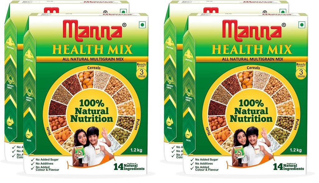 Manna Health Mix 2.5 Kg, All Natural Nutrition Drink, with 14 ingredients, Zero Sugar. Natural Nutrition 1.25 Kg (Pack of 4)