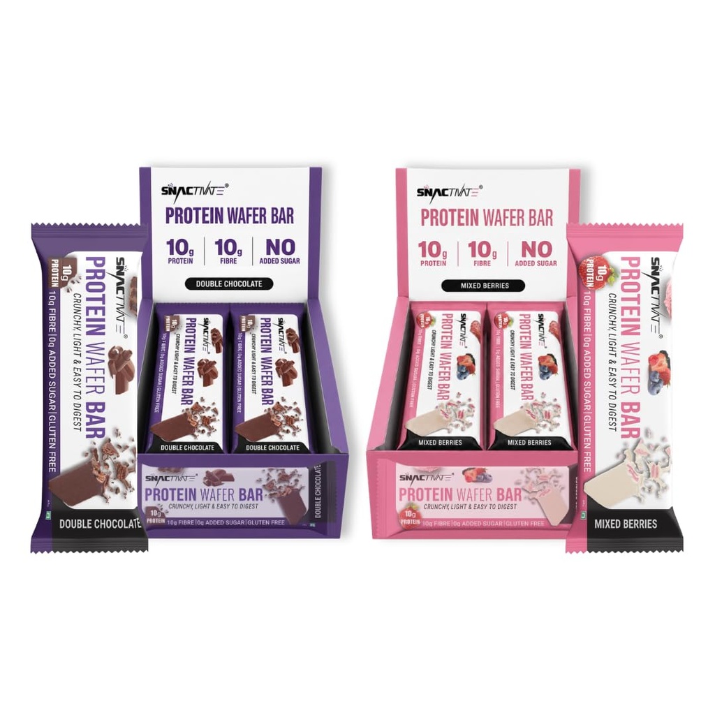 Snactivate India’s 1st Protein Wafer Bar - Double Chocolate & Mixed Berries (Pack of 12, 40g Each) | Real Whey 10g Protein, 10g Fibre & Zero Added Sugar | No Maida | Crunchy & Healthy Snack
